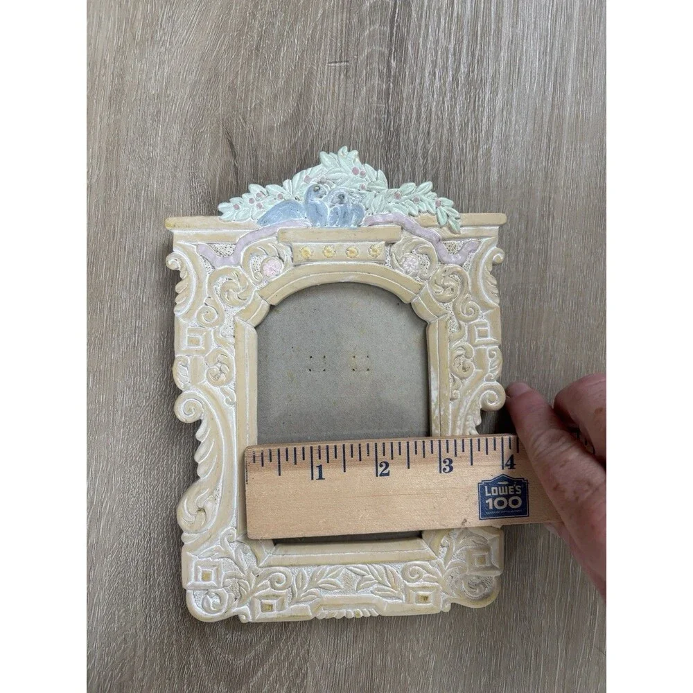 Vintage Love Birds Resin Picture Frame Pastel Rococo Floral Bow 3x4 Tabletop